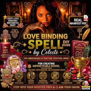 May include: A digital graphic for a Love Binding Spell DIY Guide by Celeste, featuring a person, a red candle, a gold trophy, crystals, and hamsa symbols. Text includes 'Deep Love Binding Instantly Fast', 'Real Manifest PDF', and 'Devotion Paths'.