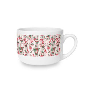 Latte Mug, Festive Ceramic Drinkware | 25oz Capacity | Sublimated Candy Cane, Poinsettia Ornament Pattern