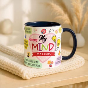 Self Care Mug, Motivational Affirmation Design, Pink Heart Illustration | Ceramic Coffee or Tea Cup, 11oz