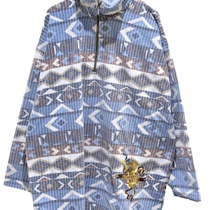 Uncle Sam Blue Geometric Half Zip Fleece Pullover – Oversized Medium, Embroidered Crest