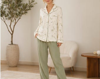 Pyjamaset met bladprint voor dames, katoenen pyjamaset, crème en groen bladpatroon pyjamaset, damesloungekleding, gezellige nachtkleding cadeau voor haar