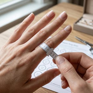 May include: A white plastic ring sizer tool wrapped around a finger, featuring black printed numerical markings and a buckle mechanism to adjust the fit. The tool displays size increments clearly, allowing for precise measurement of ring size.