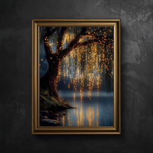May include: A framed wall art print depicting a large willow tree at night, with glowing golden string lights draped from its branches over a dark, calm body of water. The scene features a dark, moody atmosphere with reflections of the lights.