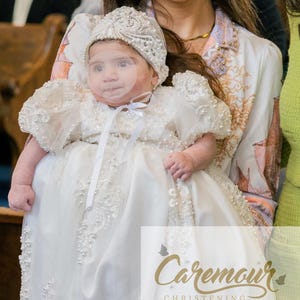 Beaded Christening Gown: Handmade Lace Baptism Dress, Bonnet & Booties