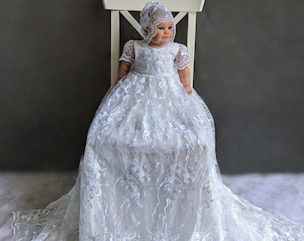 Handmade White Lace Christening Gown: Baby Baptism Dress, Bonnet & Shoes