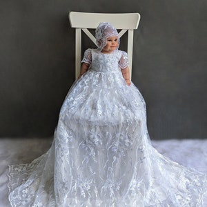 Baby Baptism Dress | WHITE | Baby Christening gown Baby Girl Lace Dress | Heirloom Baptism Dress Extra Long | Comes with Bonnet and shoes