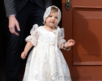 Timeless Toddler Baptism Dress set | Handmade Christening Gown for Girls | Off White, Customizable, Elegant and Heirloom Quality