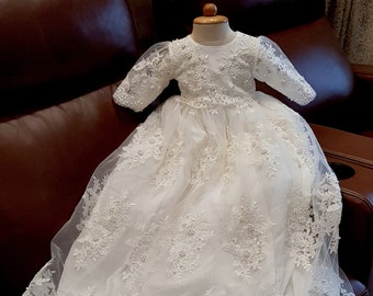 Christening gown baby girl | Baptism dress girl | SILK Christening gown | LONG SLEEVE Christening gown | Beaded Baptism gown