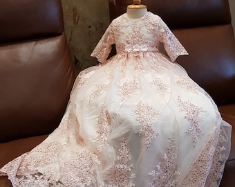 SALE - Girl Christening gown | Baptism dress | Pink Lace Christening gown from Caremour | Comes with matching bonnet | Baby christening gown