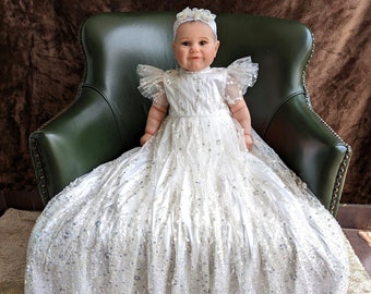 Baby blessing dress | Lila - Sequined Milky white Christening gown | Christening gown girl | baptism dress for baby girl | christening dress