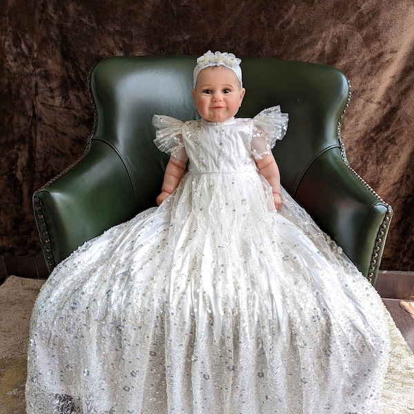 Robe de bénédiction pour bébé | Lila - Robe de baptême blanche laiteuse à paillettes | Robe de baptême fille | robe de baptême pour petite fille | robe de baptême