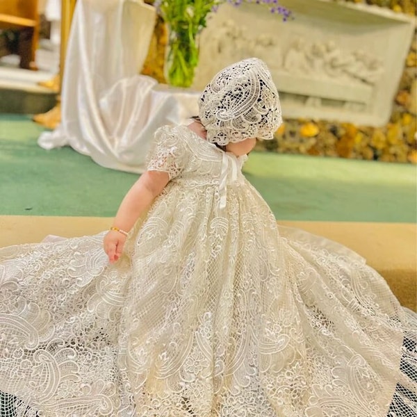 Alissa Christening gown, christening gown baby girl, baptism dress for baby girl | comes with matching bonnet and shoes