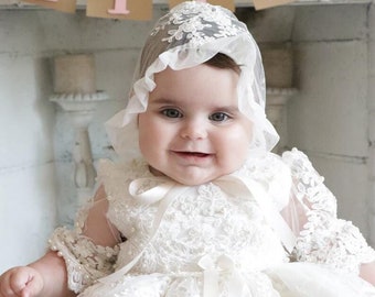 White lace baptism dress | Christening dress | Christening gown for baby girl | Girl Christening dress - Comes with bonnet, shoes & headband