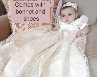 Christening gown | Baptism gown | Baptism dress | Bonnet, Bib, headband and Shoes | Baptism dress for baby girl, Chloe Christening