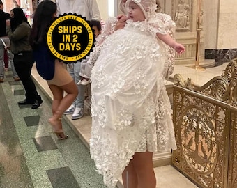 Vestido de bautizo de reliquia: encaje floral 3D, gorro y zapatos