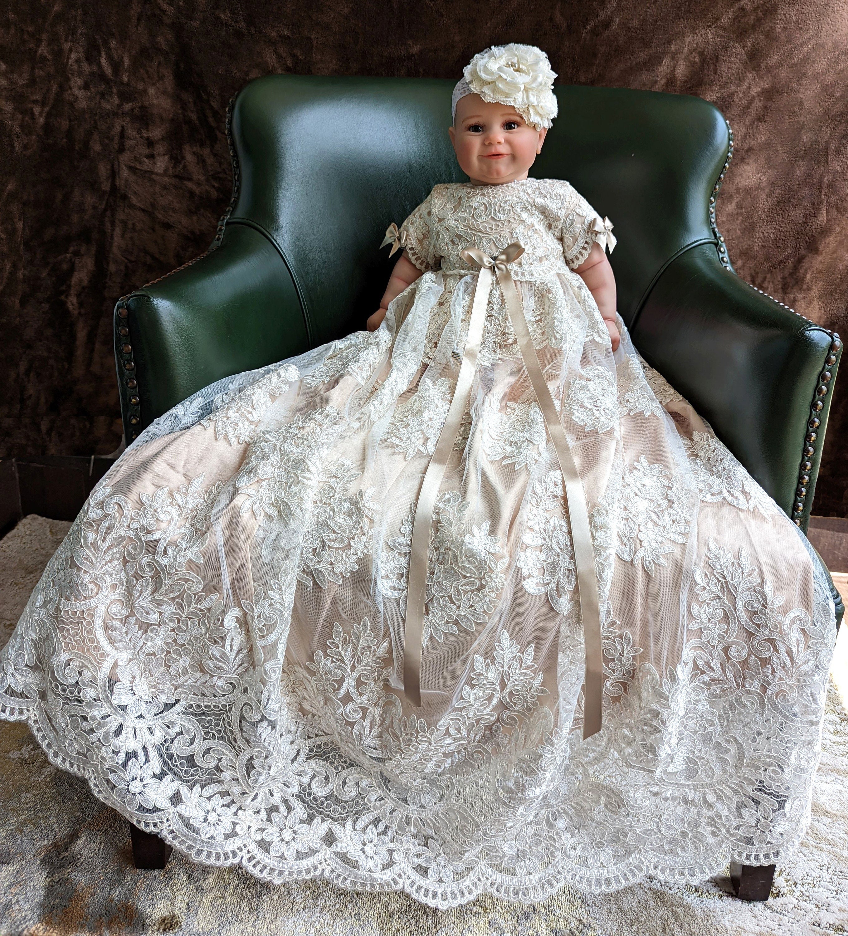 designer christening dresses Lace Christening Gown Set: Handmade Baby Baptism Dress With Bonnet &  Booties