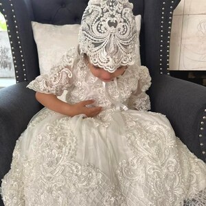 Newdeve Baby Girls Long Baptism Dress & Bonnet Set - Lace Christening Gown For Special Occasions