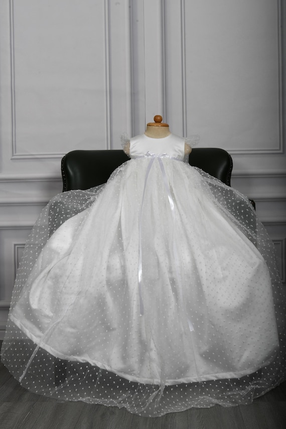 Satin Christening Gown With Bow Unisex Christening Gown With Ribbon Trim  Angels Fishes