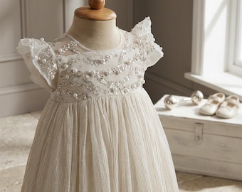 Handmade Georgette Christening Gown: Beaded Bodice, Bonnet & Shoes