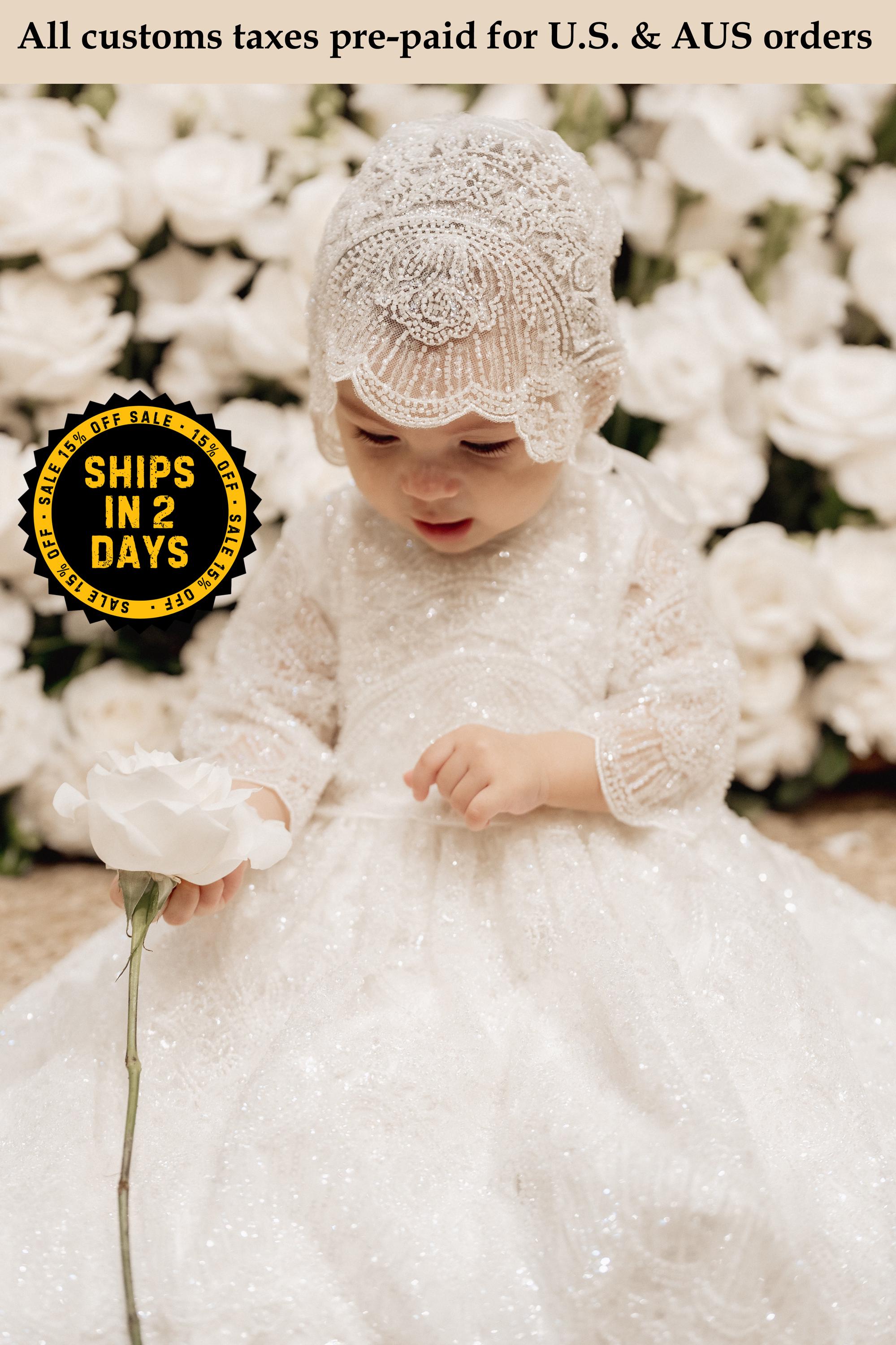 Hand-Beaded Christening Gown: Luxury Lace Baptism Dress with Bonnet & Shoes Hand-Beaded Christening Gown: Luxury Lace Baptism Dress with Bonnet & Shoes