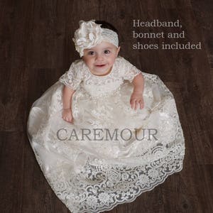 Handmade Beaded Christening Gown: Sparkly Baptism Dress, Bonnet & Shoes