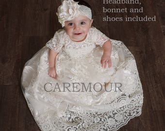 Lace Christening Gown with matching Bow, Shoes and Bonnet |  Lace Christening dress | Long Christening gown | Infant Christening gown