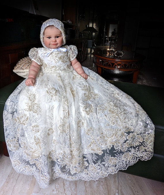 Silk Christening Gown White Smocked Baby Baptism Dress Long Bonnet –  Strasburg Children