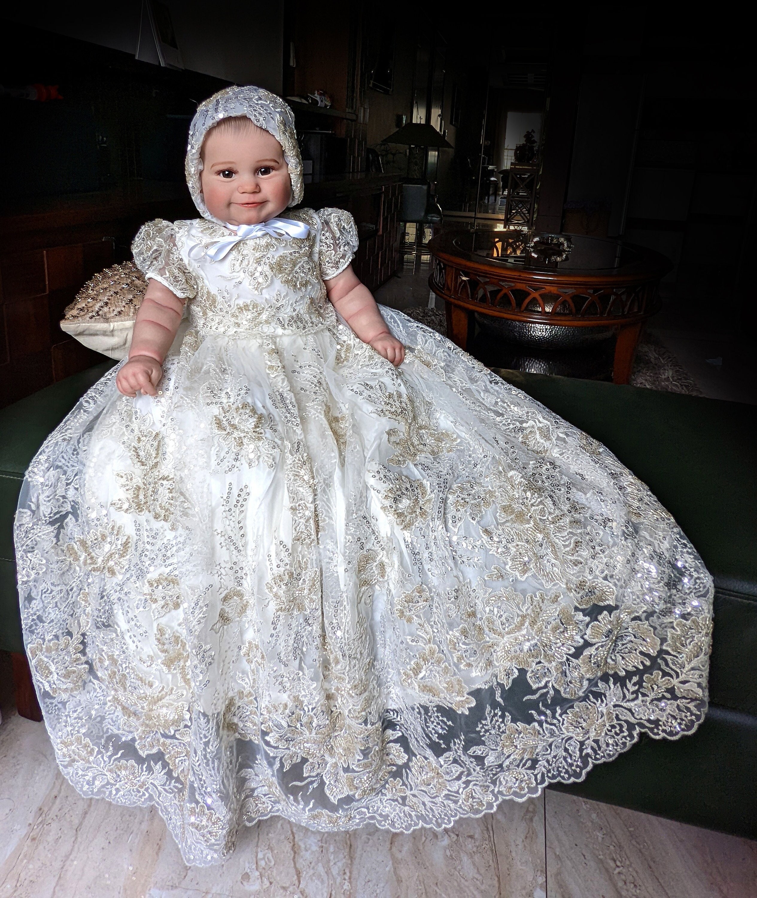 Pearls and Rosebuds Irish Linen Christening Gown