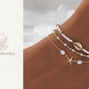 Coastal Pearl Starfish Anklet Set Gold Beaded Beach Jewelry