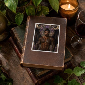 May include: A rectangular sticker featuring a muscular, bearded figure with large dark wings, positioned against a decorative floral and celestial background. The sticker is centered on the cover of a weathered, dark brown leather-bound book.