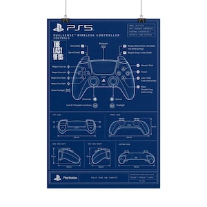 May include: A blue and white technical blueprint poster for a PS5 DualSense wireless controller. It features detailed diagrams, control labels for The Last of Us, and various views including top, front, side, and bottom with metric dimensions.