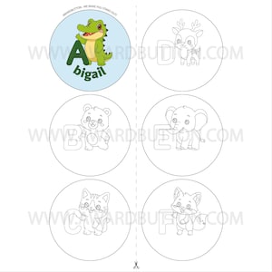 26 piezas, Set 1, Animales del alfabeto (EN), 59 mm = 2,3 pulgadas, A4 / Carta estadounidense - PDF, Plantillas de botones para colorear + Plantillas coloreadas, ≈57, 58 mm