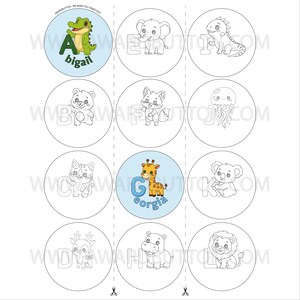 May include: A sheet of twelve circular stickers featuring alphabet letters and animal illustrations. Two stickers are colored with a green alligator and a giraffe, while ten are black and white outlines of animals including an elephant, bear, and lion.