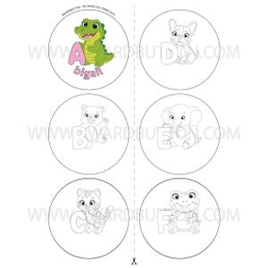 May include: A sheet of six circular stickers featuring animal illustrations and letters. The top left shows a green alligator with the letter A and the name Abigail. The other five circles contain black and white line art of a dog, bear, elephant, cat, and frog paired with letters B, C, D, E, and F.