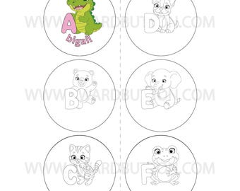 52 piezas, Set 2, Animales del alfabeto (EN), 75 mm = 3 pulgadas, A4 / Carta estadounidense - PDF, Plantillas de botones para colorear + Plantillas coloreadas, ≈73, 74 mm