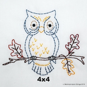 Vintage Owl on Branch with Leaves Machine Embroidery Design 4x4 AND 5x7, quick, looks hand-stitched, INSTANT DOWNLOAD
