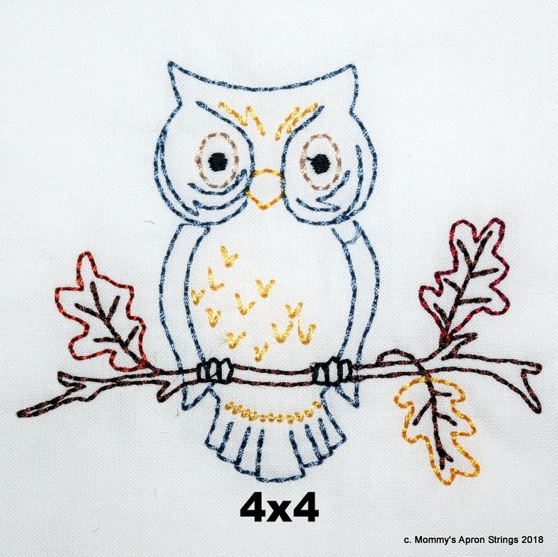 Vintage Owl on Branch with Leaves Machine Embroidery Design 4x4 AND 5x7, quick, looks hand-stitched,