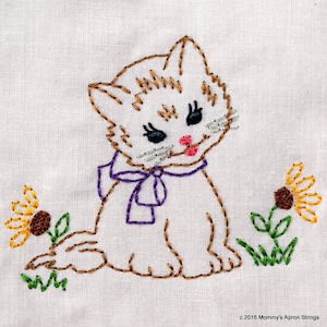 Vintage Kitty with Flowers Machine Embroidery Design 2 sizes, 4x4 or 5x7 vintage colorwork INSTANT DOWNLOAD. cat, girl, toddler