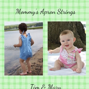 May include: Two children wearing vintage style sunsuits. The girl is wearing a blue sunsuit and the boy is wearing a pink and white sunsuit with a floral pattern. The text "Tim & Mary vintage style sunsuit, sizes 6m-3 c. Mommy's Apron Strings 2015" is at the bottom of the image.