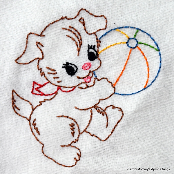 Vintage Puppy Dog with Ball Machine Embroidery Design 2 sizes, 4x4 or 5x7 colorwork linework, INSTANT DOWNLOAD. girl, toddler, baby