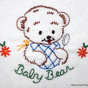 Baby Bear with Spoon and Bib Machine Embroidery Design 4x4 AND 5x7, vintage colorwork linework, quick stitch, baby, bib INSTANT DOWNLOAD