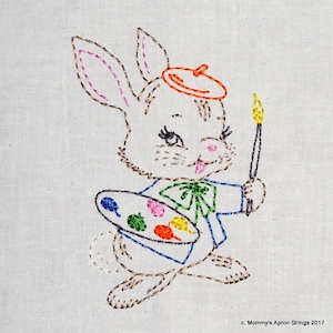 Vintage Artist Bunny Machine Embroidery Design 2 sizes, 4x4 or 5x7 colorwork linework, . girl, boy, toddler, baby, INSTANT DOWNLOAD
