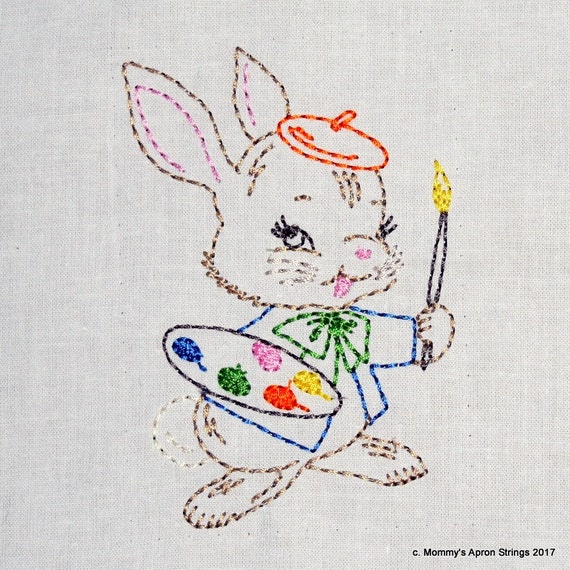 Vintage Artist Bunny Machine Embroidery Design 2 Sizes, 4x4