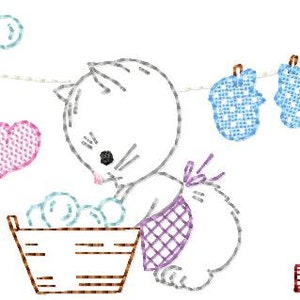 May include: Three cartoon kittens doing laundry. One kitten is hanging up clothes on a clothesline, another is washing clothes in a basket, and the third is holding a pink washcloth.