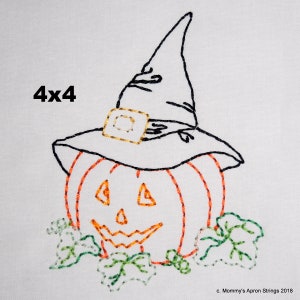 May include: A black and orange embroidered design of a pumpkin wearing a witch's hat. The pumpkin has a jack-o'-lantern face and is surrounded by green leaves. The text "4x4" is in the upper left corner of the image.