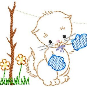 Puede incluir: Un gatito marrón y blanco con ojos azules sostiene una manopla azul y blanca a rayas en su pata. El gatito está de pie sobre hierba verde con una rama marrón y flores amarillas detrás.