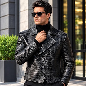 May include: A black double-breasted jacket featuring a textured crocodile-embossed pattern, wide lapels, and two large round black buttons. The jacket is worn over a black turtleneck sweater and paired with black sunglasses.