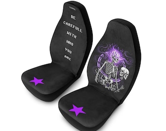 Purple Flaming Skeleton with Skull Car Seat Covers | Beware Phrase