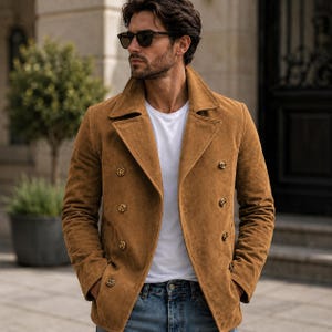 Puede incluir: Una chaqueta cruzada de ante color canela con solapas anchas y seis botones redondos, sobre una camiseta blanca lisa y vaqueros azules. La chaqueta presenta mangas largas y un cuello estructurado, ofreciendo un aspecto clásico y suave.