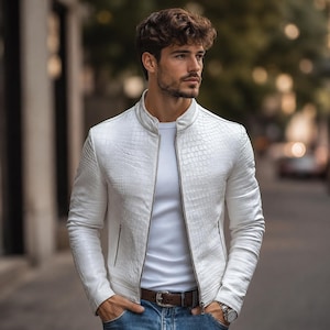 Chaqueta de piel auténtica con relieve de cocodrilo – Chaqueta con estampado de cocodrilo en blanco y negro para hombre